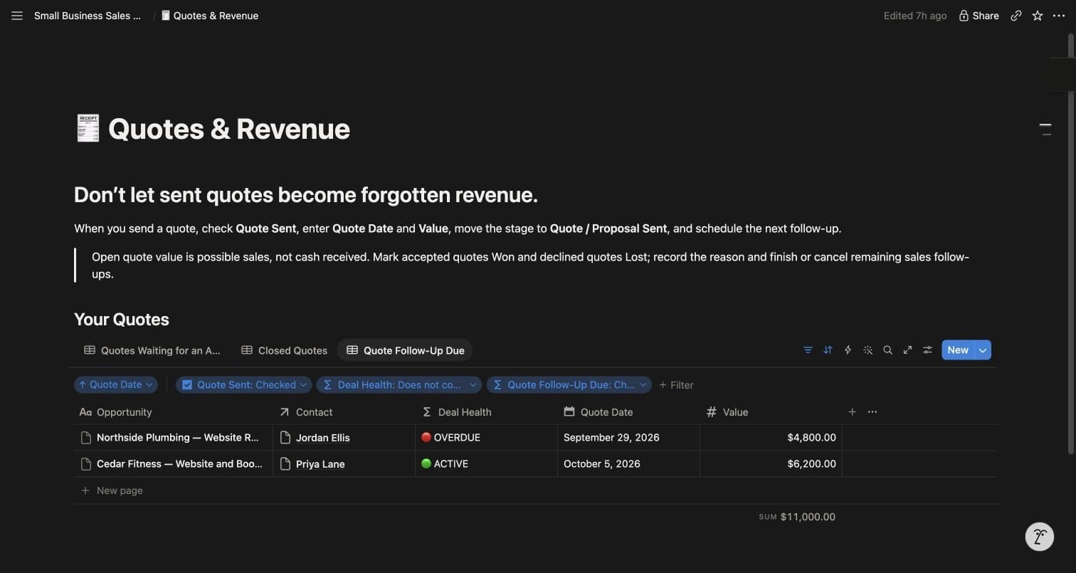Quote Follow-Up Due view showing two fictional quotes worth $11,000 in potential sales